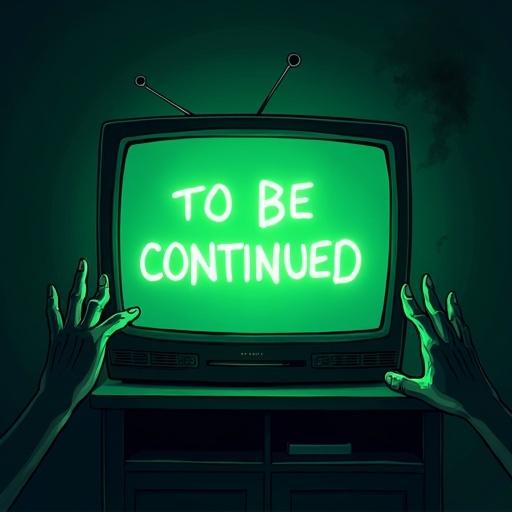 A glowing TV screen illuminates a dark room. The screen displays the message 'To Be Continued' in glowing font. Shadowy hands creep in from the edges. Cartoonish style with neon green outlines and smoky textures creates an eerie atmosphere.