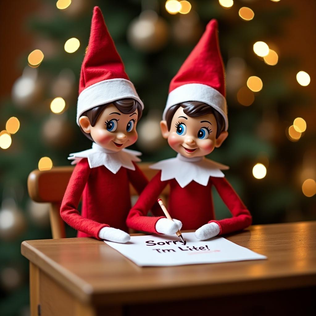 Two elves on a wooden desk. One elf writes a note that says 'Sorry I'm Late!' Background has Christmas trees with warm lights. The scene is festive and captures Christmas spirit.