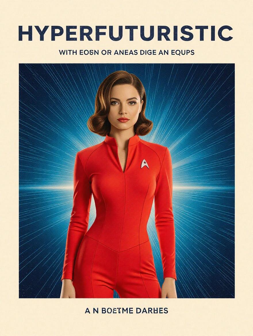 Cinematic masterpiece with a beautiful woman in a red bodysuit. Star Trek cadet uniform with a classic design. Vibrant background and modern aesthetic.