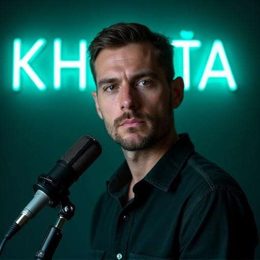 Man in podcast studio with teal neon lights. Serious expression and short straight hair. Dark shirt and professional microphone in front. Moody and cinematic lighting ambiance. Neon sign says 'KHOSTA STUDIO'.