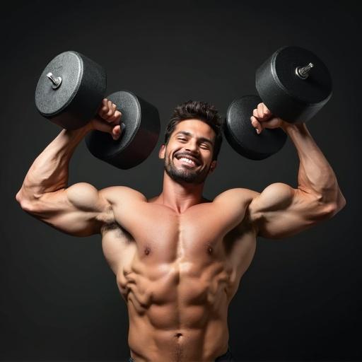 Muscular man lifts heavy dumbbells effortlessly. Strong physique showcases bulging muscles. Confident expression directed at the camera. High-contrast lighting enhances muscular features.