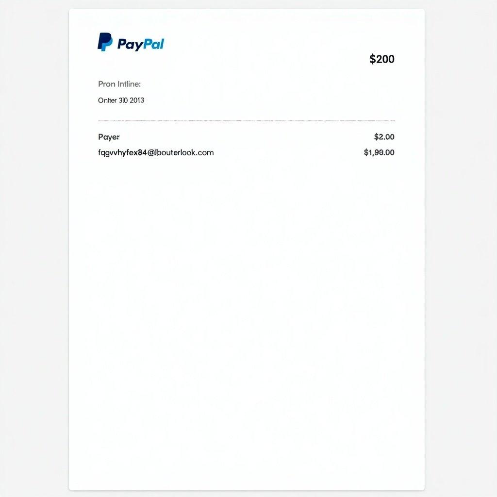 PayPal payment receipt showing transaction amount and payer details. Document includes PayPal logo and transaction number. Clean design suitable for online payments.