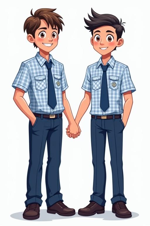 Two high school boys are standing confidently. They wear blue and white checked shirts with dark blue ties and matching trousers. The shirts are short-sleeved with a pocket featuring a school emblem. The boys are holding hands, smiling at each other. Background is plain to focus on their expressions and uniforms.