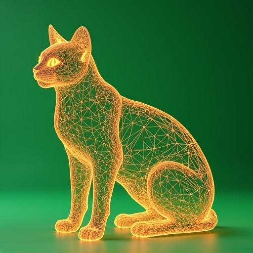 Wireframe style depiction of a cat in orange and green colors. Studio shot with realistic rendering details.
