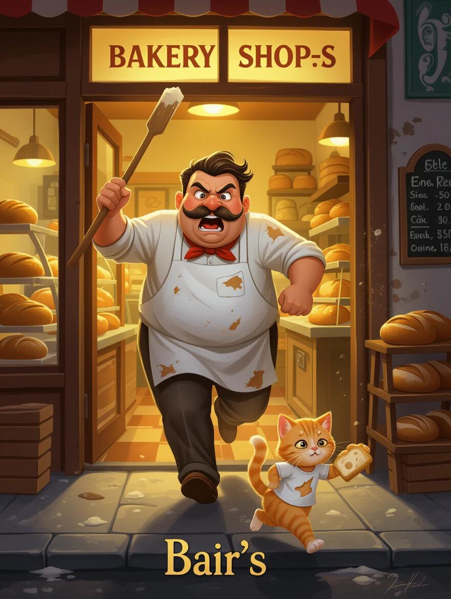 A bakery shopkeeper with a thick mustache and flour-stained apron storms out of a bakery. He holds a wooden stick in the air, looking furious. The bakery interior is warm and glowing with golden light. Behind him, delicious bread and cakes can be seen. Outside, the street is dark and cold. A terrified orange kitten in a torn shirt runs away, holding stolen bread. The kitten has big eyes filled with fear. This scene displays Pixar-style character design and cinematic lighting with motion blur effects.