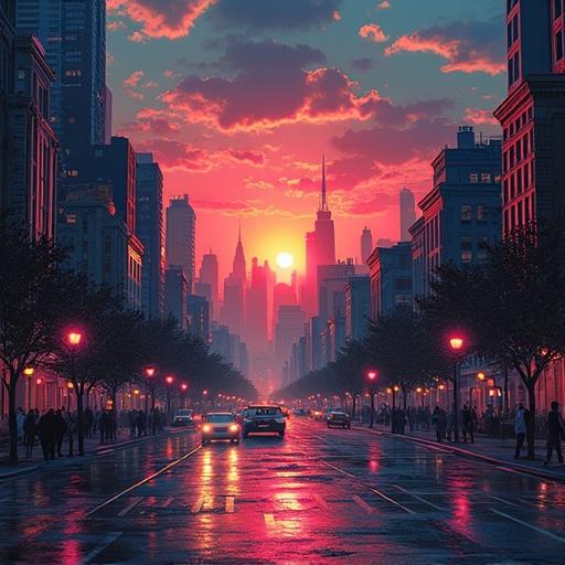 Cityscape artwork with sunset. Centered on skyline. Vehicles on street. Streetlights glowing. Dramatic colors in the sky.