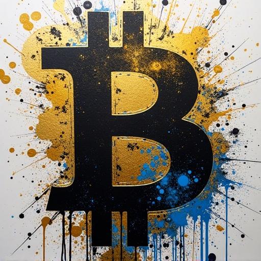 Design a chaotic, high-energy t-shirt with a Bitcoin symbol emerging from splatter and drip paint in dense layers. Use metallic gold, black, white, and electric blue strokes for a bold statement.