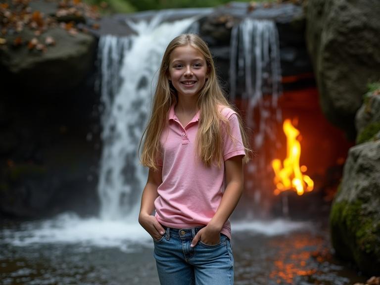 A sixteen-year-old girl with long blonde hair smiles. She wears a pink polo shirt and jeans. Behind her, a waterfall cascades over dark rocks. An orange flame is partially hidden behind the water. The lighting is soft, showing a natural wooded area. Fallen leaves and moss are present around the rocks. This scene combines water and fire beautifully.