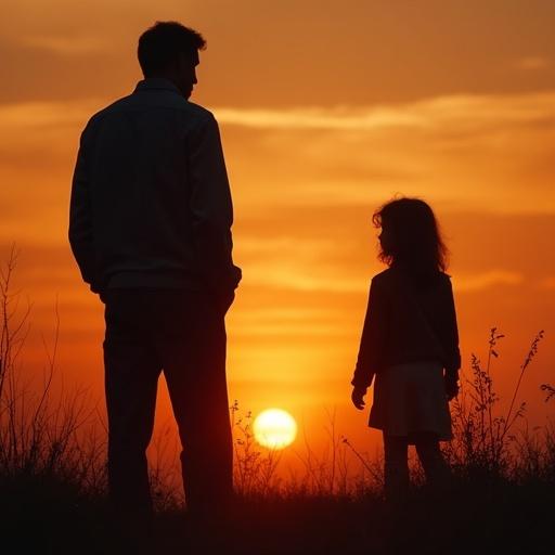 A father silhouetted against a sunset watches his daughter. Complex pride and apprehension in his expression. Dramatic impressionistic style.
