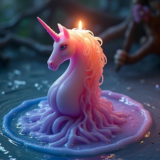 A unicorn shaped candle melting into colorful rivers. Soft glow of candlelight illuminates the scene. Close view showcasing vibrant colors of wax and details of the unicorn. Suitable for fantasy-themed decor and artistic presentations.
