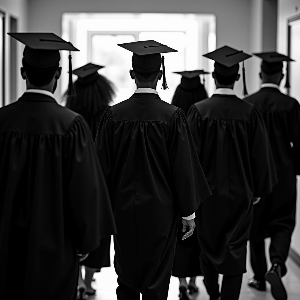 A group of African American graduates wear black caps and gowns. They walk together in a hallway seen from behind. The environment is professional. The setting is monochrome with high contrast. Their strides reflect accomplishment and unity.