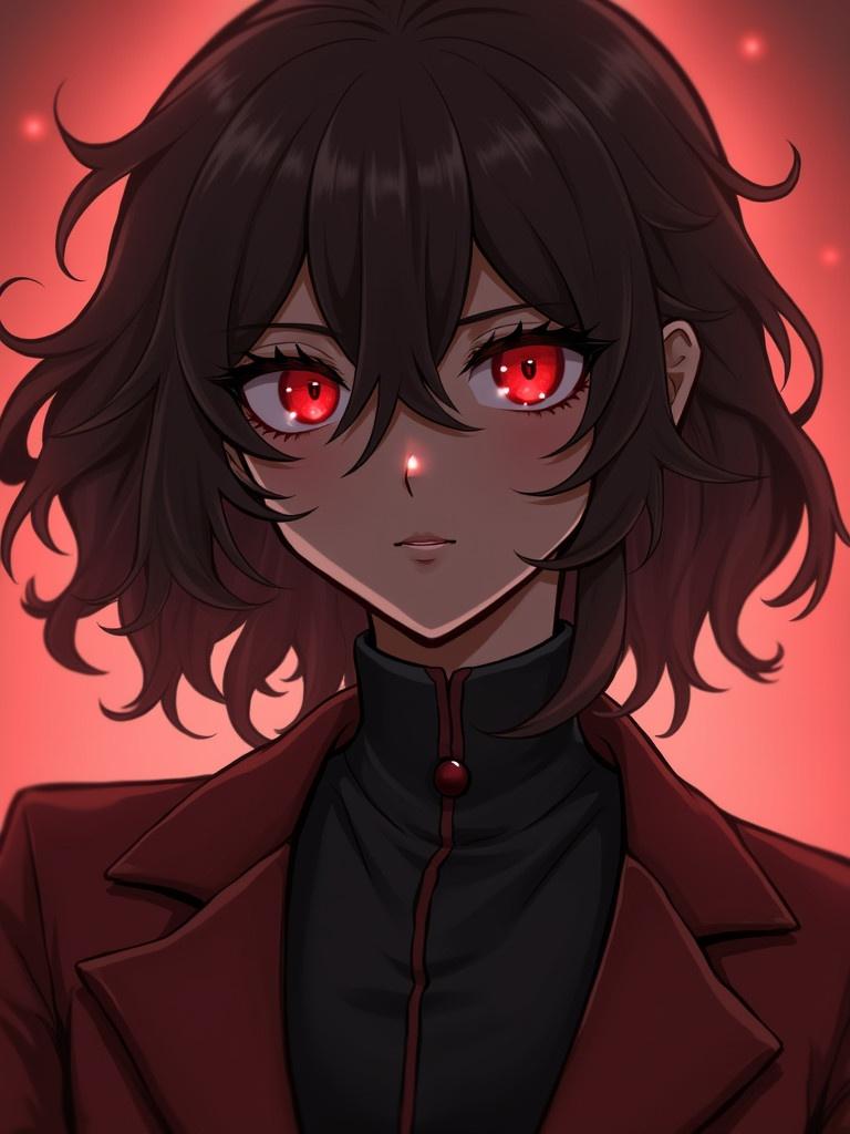 Character features dark brown wavy hair. Red eyes enhance expression. Dark attire adds intensity. Background glows red.