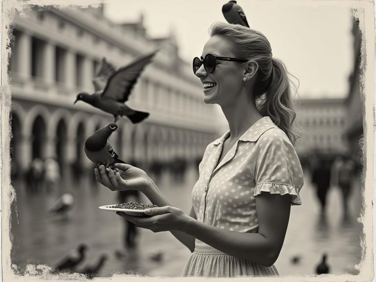 Vintage old black and white photo. Mid shot of 20 year old woman with dark blonde ponytail and dark sunglasses. Light dotted summer dress with a wide petticoat. Woman feeding pigeons in St. Mark's Square in Venice. She looks at photographer, laughing. Pigeons flying around her, one on her head. Photo shows wear and has a grainy texture, typical of the 1960s.