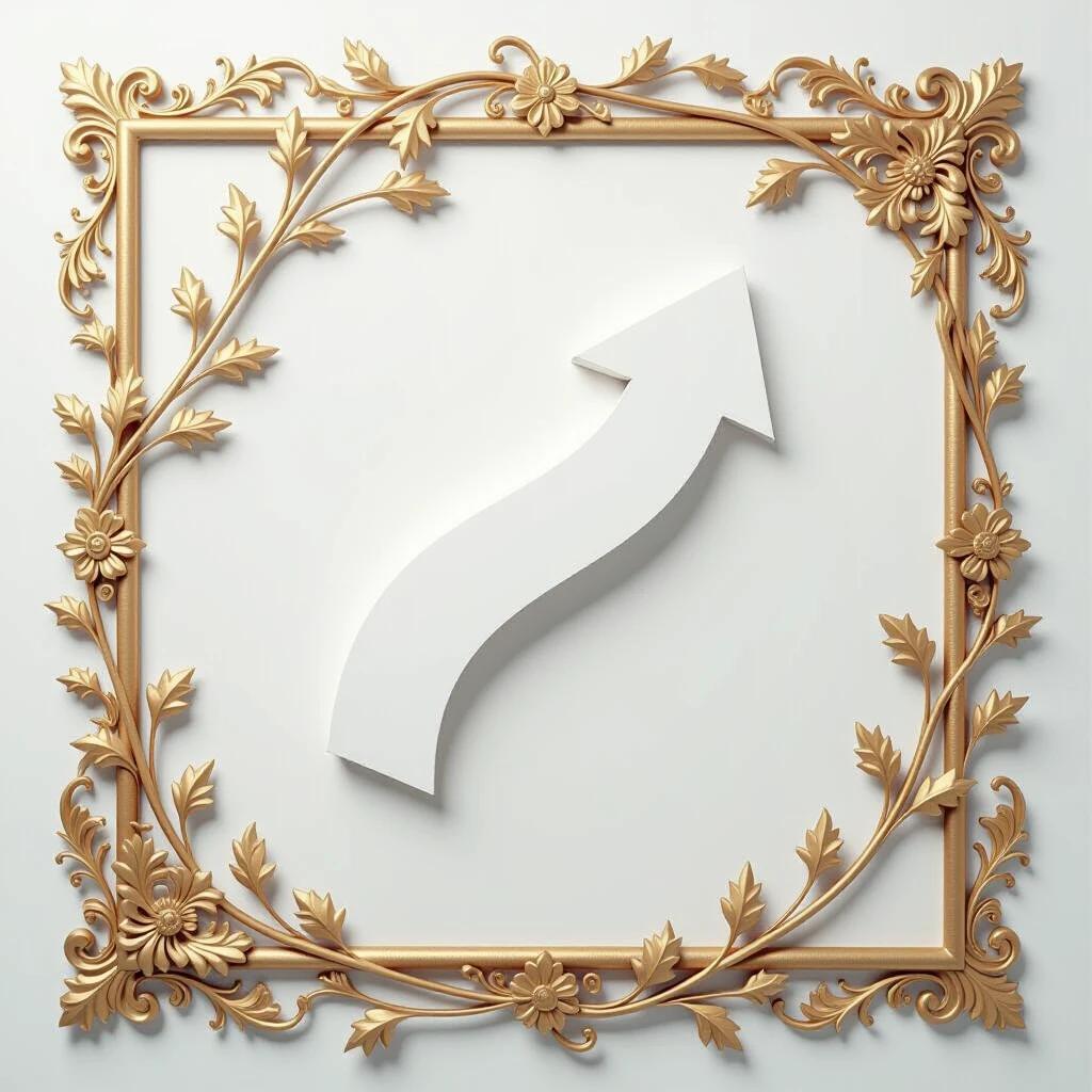 3D element arrow curves from left to up on a white background with a decorative gold frame around it. The arrow is white and stands out against the ornate gold design.