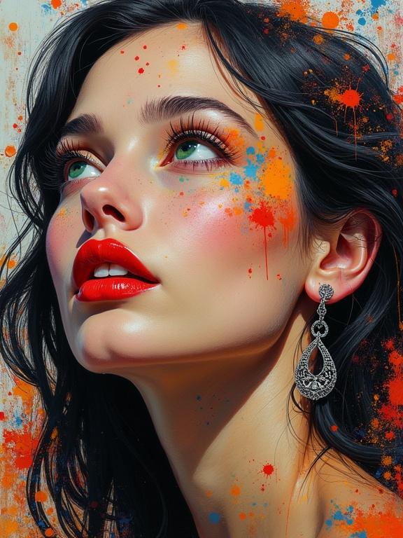 A vibrant woman's face with red lips and a detailed nose. A green eye looks upwards. There is a visible ear with a long earring. The skin shows patterns with paint splatters in orange, blue, and yellow. Dark wavy hair blends into a chaotic background.