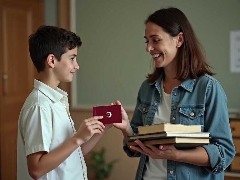 A young boy in white clothes hands a small dark red card to a math teacher holding textbooks. The teacher shows surprise and a faint smile. The image has a cinematic feel.
