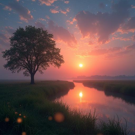 Ethereal sunsetting sky with a grassy area featuring a tree. A lovely river reflects the sunset with high resolution. In the distance, glowing fireflies and the moon create a stellar atmosphere with halation.