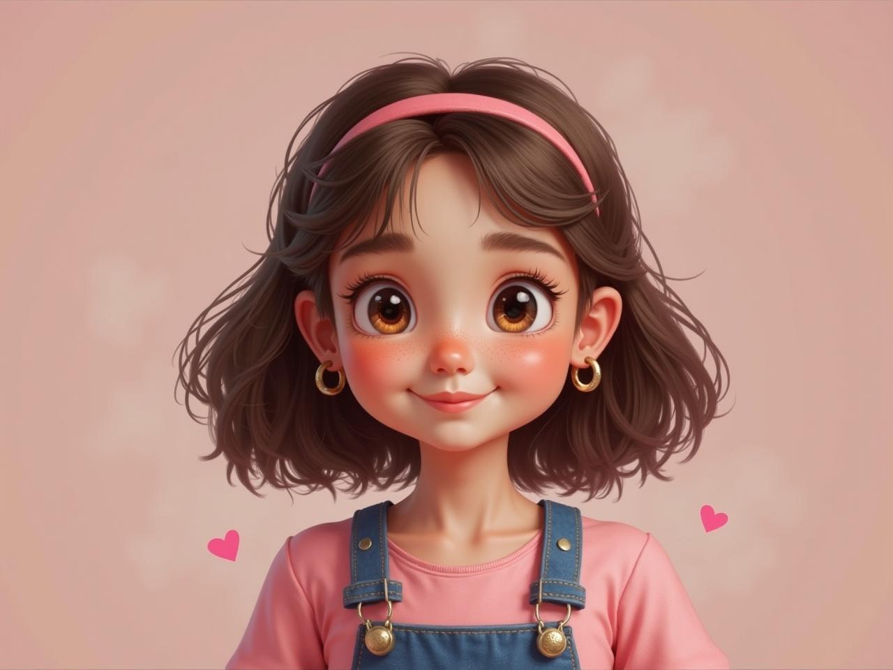 The image features a sweet tween girl with big, bright eyes and a charming smile. She has shoulder-length brown hair styled with a cute pink headband. Dressed in a pink shirt and denim overalls, she radiates a playful and cheerful vibe. The background is softly colored, enhancing her youthful appearance. Small, gentle hearts are visible around her, adding to the overall sweetness of the portrayal. This character embodies innocence and joy, making her relatable to a young audience.