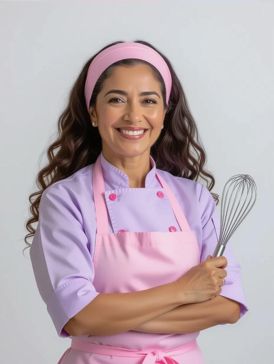 Portrait of a Brazilian pastry chef in front of a white background. Chef has dark skin and long curly hair tied with a pink headband. Wears a light lilac chef's blouse and pink apron. Holds a whisk confidently with arms crossed. Friendly and professional expression. High detail and clean composition.