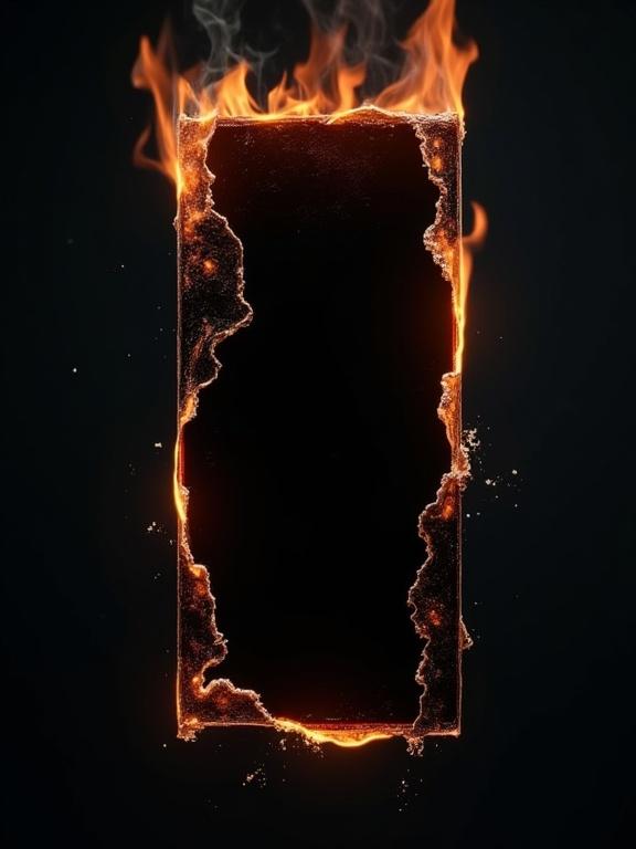 Image of a damaged film strip suspended in darkness showing frames tearing apart with frayed edges. Revealing black void behind with misaligned cells. No fire or light effects are present.