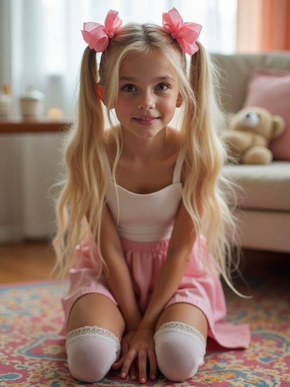 A child with long blonde hair styled in twin tails with pink bows kneels on a colorful rug in a softly lit living room. She poses with hands on her sides, wearing a crop top and a pale pink skirt, along with lace-detailed thigh-high socks and black shoes, hugging a teddy bear and sporting a flirty smile.
