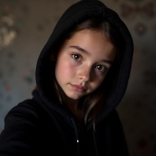 Petite brunette girl wearing a black hoodie takes a selfie in low light with a soft expression on her face.