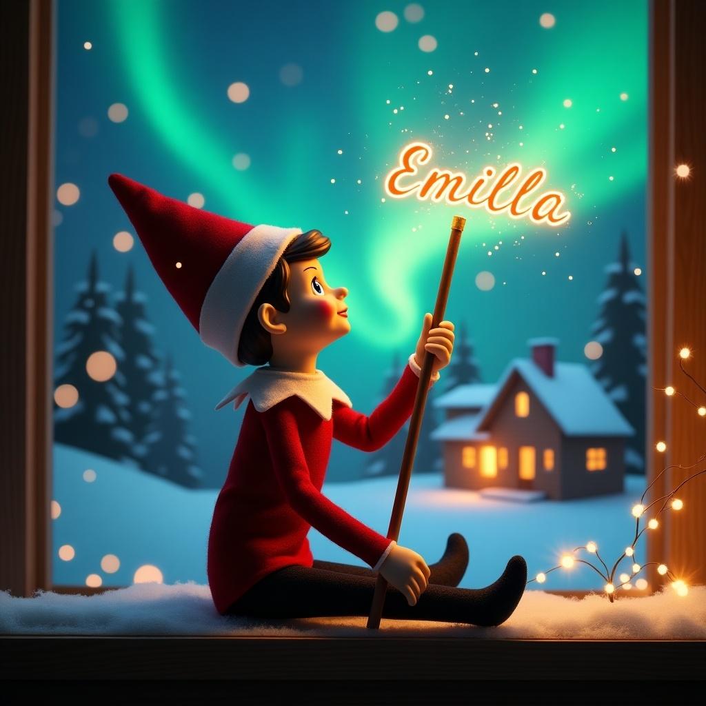 An elf sits in a Christmas scene. The elf holds a glowing wand and looks up. Colorful northern lights illuminate the background. A cozy house is visible nearby and snow covers the ground. The elf radiates the magic of Christmas. The name 'Emilila' shines in the air from the wand. The elf wears black boots.