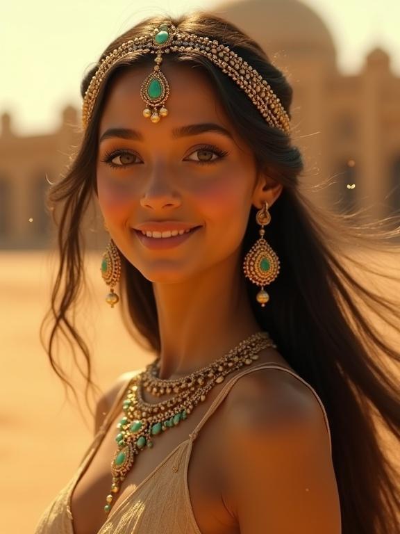 Portrait of a young woman with golden-brown skin and green eyes. Ornate gold jewelry with turquoise gemstones worn. Majestic golden desert backdrop with ancient palace. Warm sunlight and flowing dark hair. Soft smile creating an elegant atmosphere.