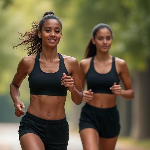 Two women running together. One woman is shorter than the other. Both are wearing black sports bras and black running shorts.