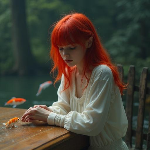 Hyper-realistic image of a woman with very curly red hair wearing a white shirt sitting at a wooden table. She watches koi fish floating around her. There is fog and low lighting. She wears round glasses.