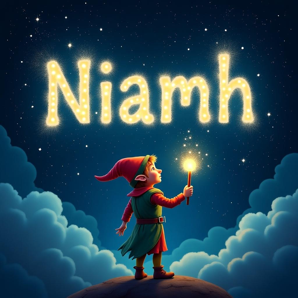 An elf uses a magical wand to write the name 'Niamh' in bright sparkling text against a starry sky. Dark clouds enhance the luminous letters. The elf wears colorful clothing creating a whimsical atmosphere. Twinkling stars add to the magical effect.