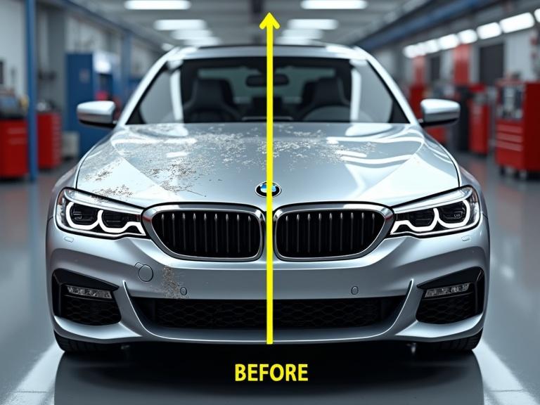 Professional split-screen image showcasing a BMW sedan's paint job. Left side shows numerous scratches and damages while right side displays a perfect glossy finish. Background features a modern automotive workshop. Yellow arrow indicates before and after. Text overlay reads 'LACKIERUNG'.