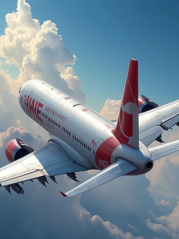 Airplane in the sky flying through fluffy clouds. Aircraft depicted in high detail. Vivid blue sky with white and red accents on the airplane.