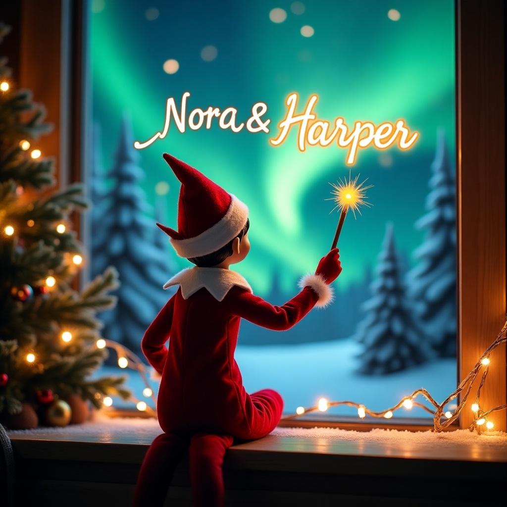 An enchanting Christmas scene features an elf on the shelf, dressed in festive red and white. The elf faces a vibrant sky filled with northern lights and wields a glowing magic wand. Above him, the names 'Nora & Harper' glimmer in a whimsical script. This setting captures the spirit of Christmas, radiating joy and wonder. The elf's pose evokes a sense of excitement and magical anticipation, perfect for the holiday season.