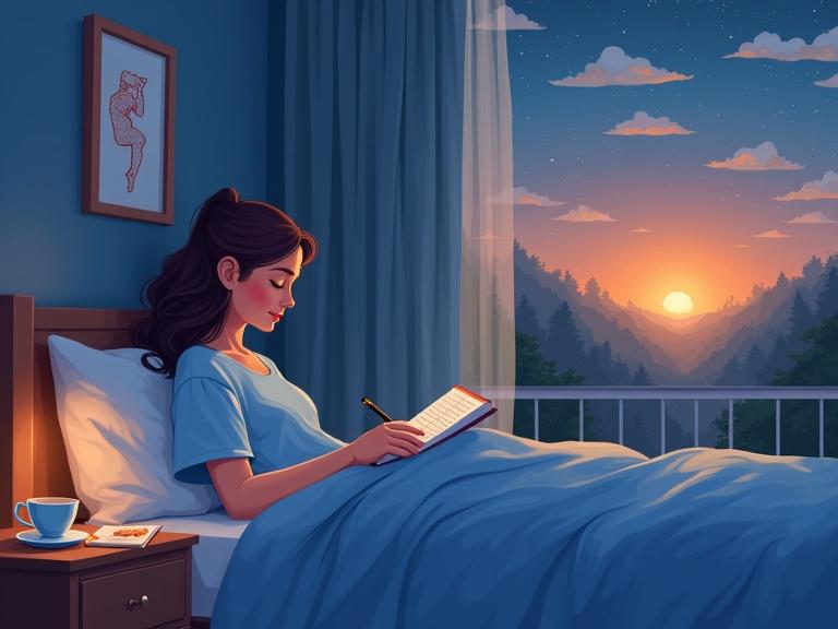 A woman in bed at night writing in a journal. Surroundings include a glass of water, fan, tea, book, and comforting symbols like calm waves and a checklist. Room softly lit and cozy with dreamlike elements like yoga pose and balanced food.