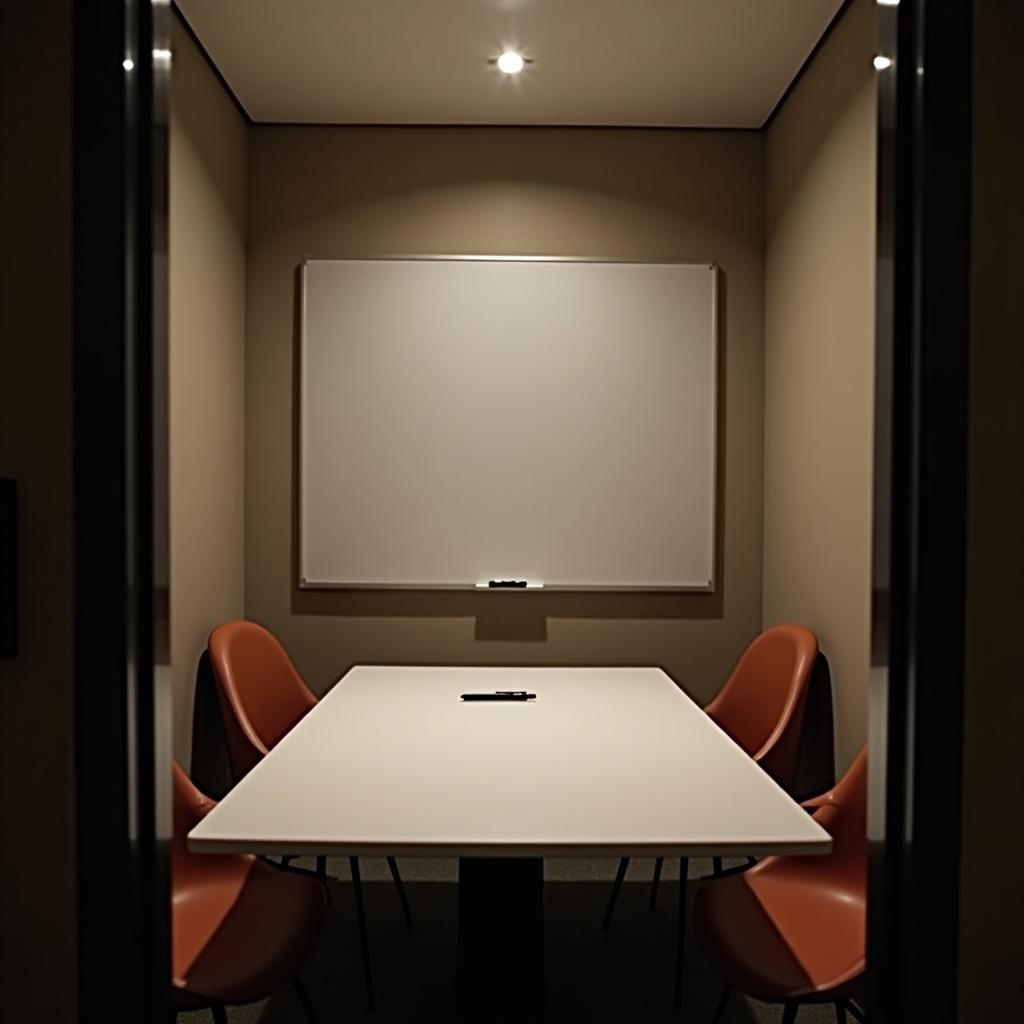 Private meeting room designed for two persons. Features a whiteboard and a pen on the table. The ambiance is dimly lit.