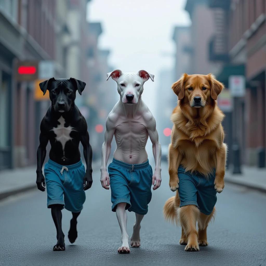 Three anthropomorphic dogs walking on an empty, foggy city street. They look sad with drooping ears and sorrowful eyes. A white bull terrier is in the center, a black dog resembling a rottweiler on the left, and a golden-brown retriever on the right. All are shirtless and wearing old, tattered blue shorts. Their ribcages are visible. The atmosphere is gloomy with soft lighting. The street is deserted and lined with old buildings.