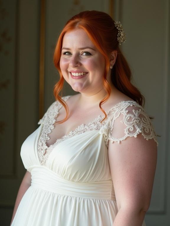 A 20 years old woman is wearing a white wedding dress. She has red hair styled with a hair accessory. She poses playfully with a gentle smile. The side view captures her pretty features and the elegant details of her dress.