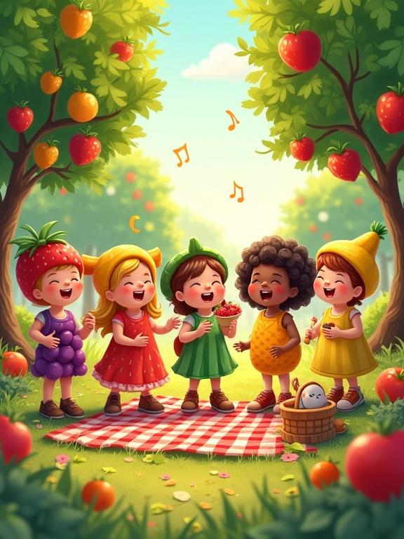 Cartoon illustration of children dressed as fruits. Children in colorful outfits sing together in a sunlit orchard. Trees are heavy with fruit. Musical notes float in the air. A checkered picnic blanket and fruit basket are included. Dappled sunlight filters through the leaves.