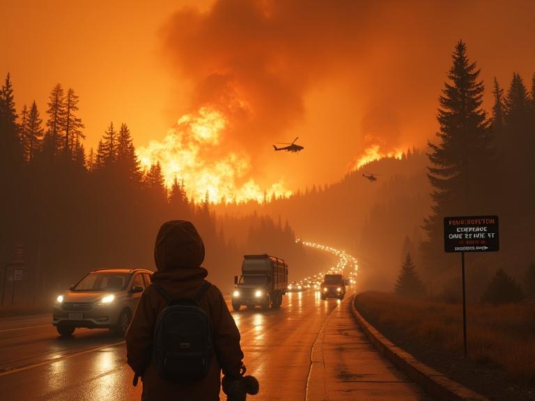 A cinematic view of evacuees fleeing wildfires in Canada and the U.S. The sky is orange and smoky. Families pack cars with belongings. Firefighters are battling flames. Helicopters drop water on forests. A convoy of vehicles moves down a highway. Road signs warn of fire danger. A child holding a teddy bear looks back at their home engulfed in flames. The mood is tense and resilient.