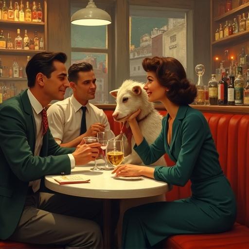Illustration of a chaotic bar scene featuring a white dog, three people in vintage attire, tables and chairs scattered, 1950s style