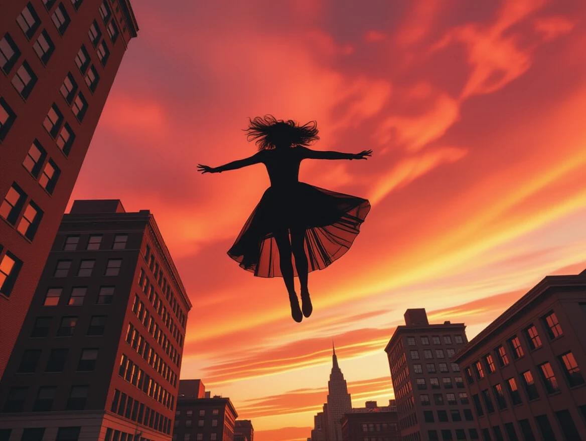 An extreme god's eye perspective captures a gothic woman leaping off a tall building. The scene shows dynamic fluid motion amidst tall buildings. The background highlights a red sky dotted with clouds. Emphasis on the vibrant sunset and silhouette of the woman.