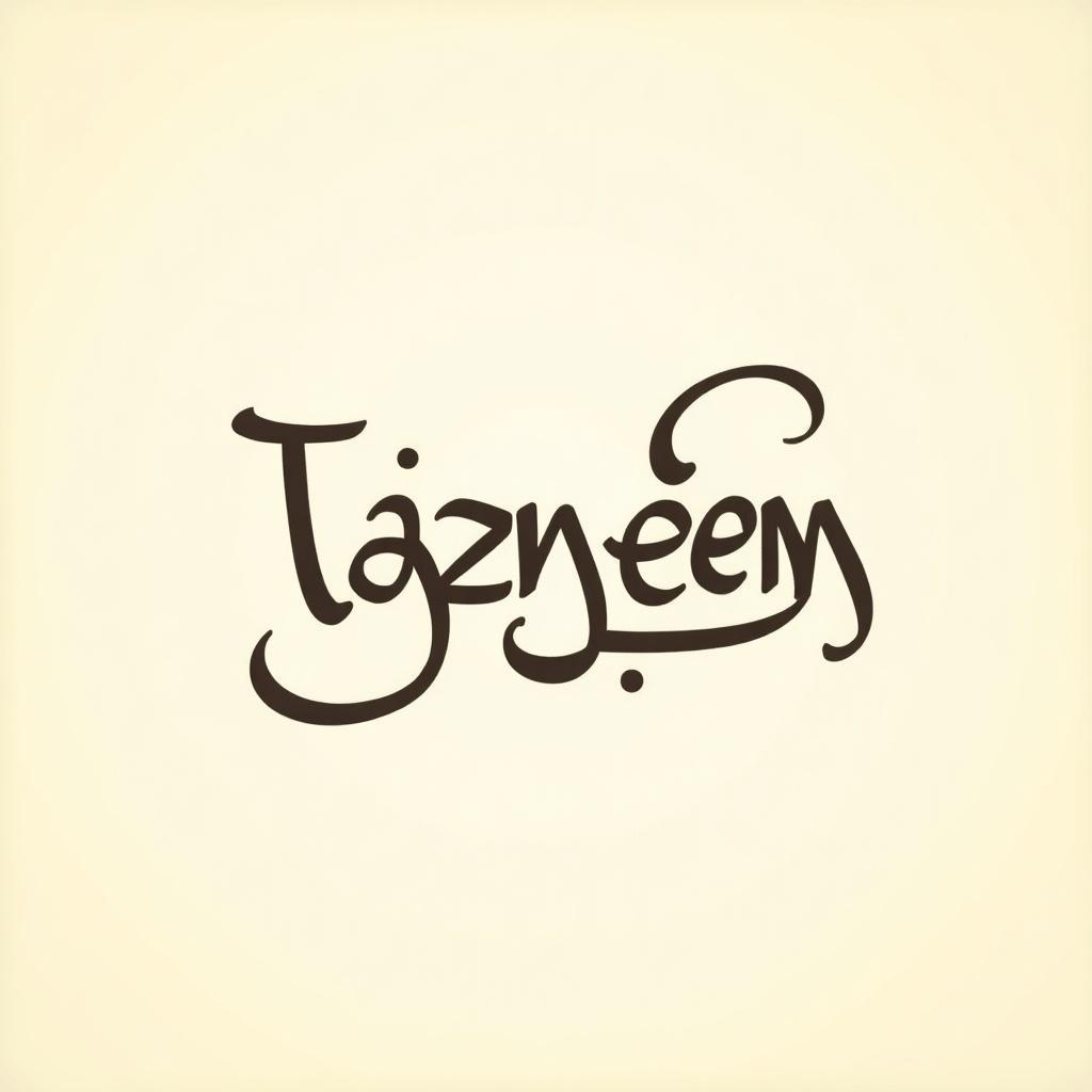 Artistic representation of the name Tazneem in Thuluth Arabic calligraphy. Features elegant curves and artistic details in the script. Light beige background creates a timeless effect.