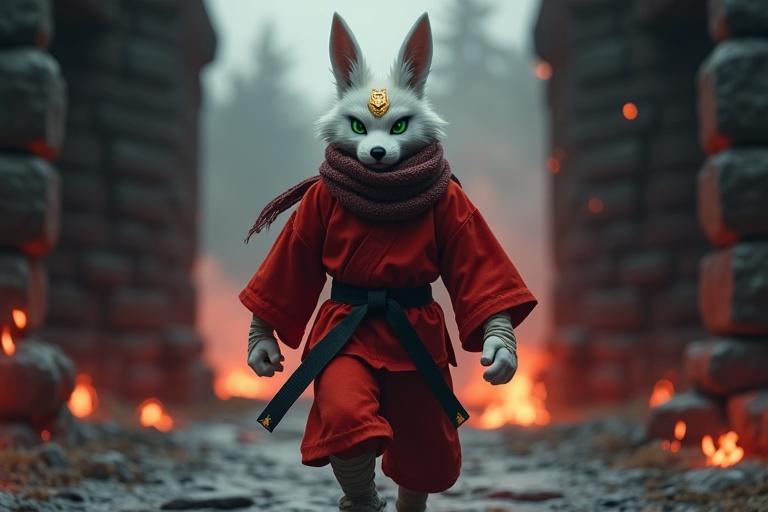 Detailed ultra-HD heroic character stands at dark fortress gates. Kittuu has white fur and green eyes. He wears a light red gi. Black belt tightly fastened. Golden mark glows on forehead. Scarf flutters in wind. Courageous expression. Dark stone walls surround him. Red torches flicker around. Lurking shadow warriors with red eyes. Smoke adds to the tension. Vivid textures highlight Kittuu's fur and the fortress.