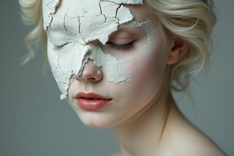 A portrait of a young woman with a partially cracked plaster face. The plaster resembles an aged antique statue. She has light skin with a subtle blush and light red lipstick. Her eyes are closed, showing a serene expression. Her hair is styled classically. The subject is slightly off-center and angled towards the viewer. The composition includes a dramatic contrast between the plaster and smooth skin. Soft lighting highlights textures. The muted colors create a melancholic atmosphere. The style combines portraiture and sculpture, capturing vulnerability and fragility.