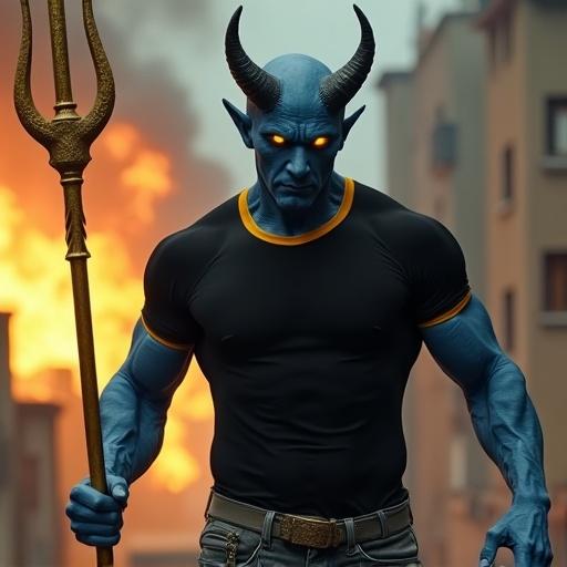 Live-action cinematic shot of a demonic-looking muscular bald man with blue skin, pointed ears, horns, glowing yellow eyes, wearing a black t-shirt with yellow trim and gray jeans, wielding a golden trident, burning building in the background.