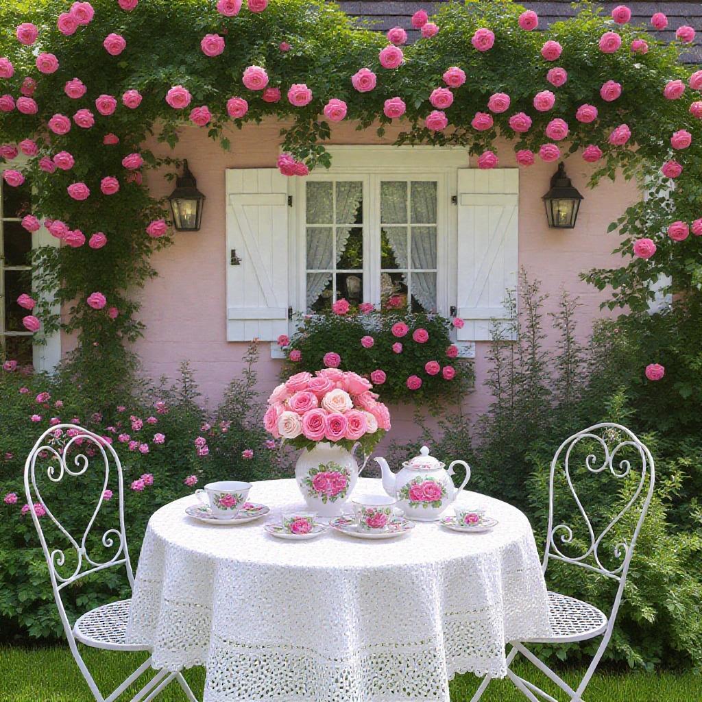Lace tablecloth on table outside. Pink roses hanging from vines. Vase of pink roses on table. White tea set with pink rose print. Pink cottage with white shutters.