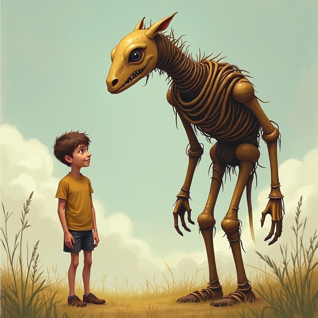 A stickman boy stands beside a stickman giant in a grassy field. They appear to be having a conversation.