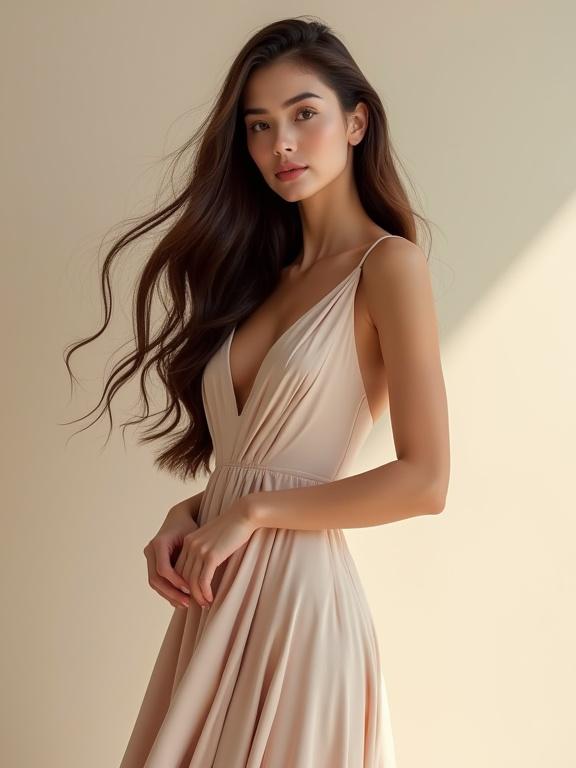 A woman with long flowing hair in an elegant dress stands gracefully. She exudes confidence and sophistication. The background is a soft neutral gradient. Natural light enhances her features and fabric textures. Ultra-realistic style with high detail.