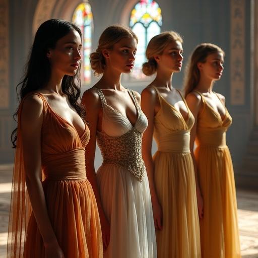 A bright medieval hall with stained-glass windows. A line of noblewomen stand side by side. Each woman wears an elegant gown that emphasizes their unique beauty. Their gowns feature intricate designs and sheer fabrics. Expressions convey calm determination and confidence. The hall has rich tapestries and polished stone floors. It focuses on artistic elegance and feminine strength.